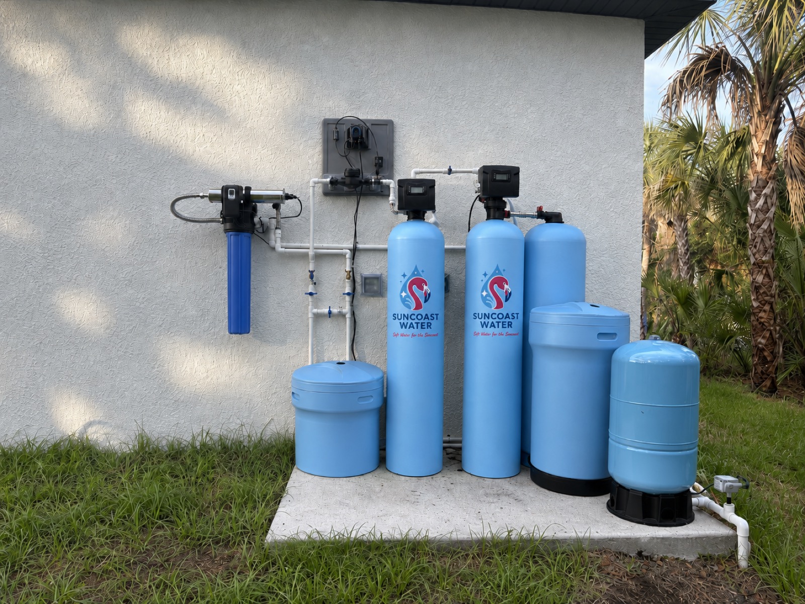 Outdoor Sun Coast Water softener and filtration system installation